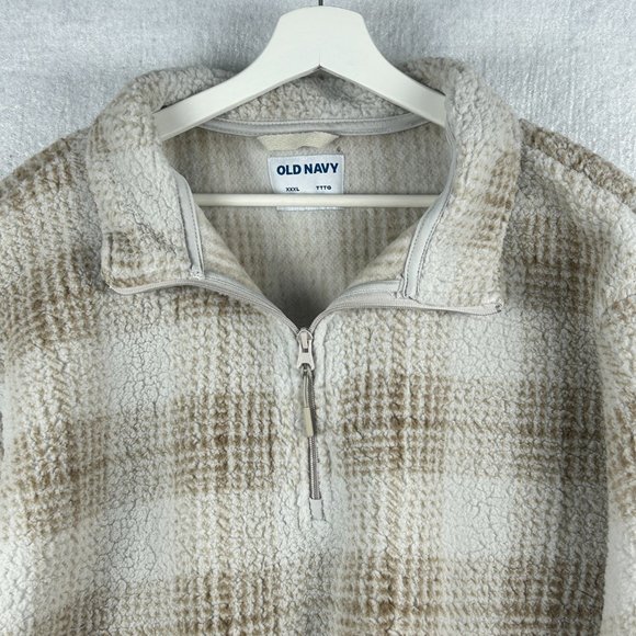 Old Navy Sweatshirt Mens 3XL 1/4 Zip Pullover Beige Sherpa Plaid Fleece - Picture 4 of 16